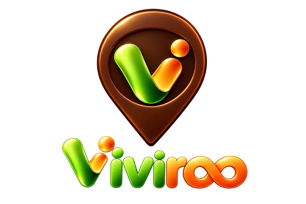 Viviroo — a chocolate location pin with a dimensional green and orange V and separate orange eye